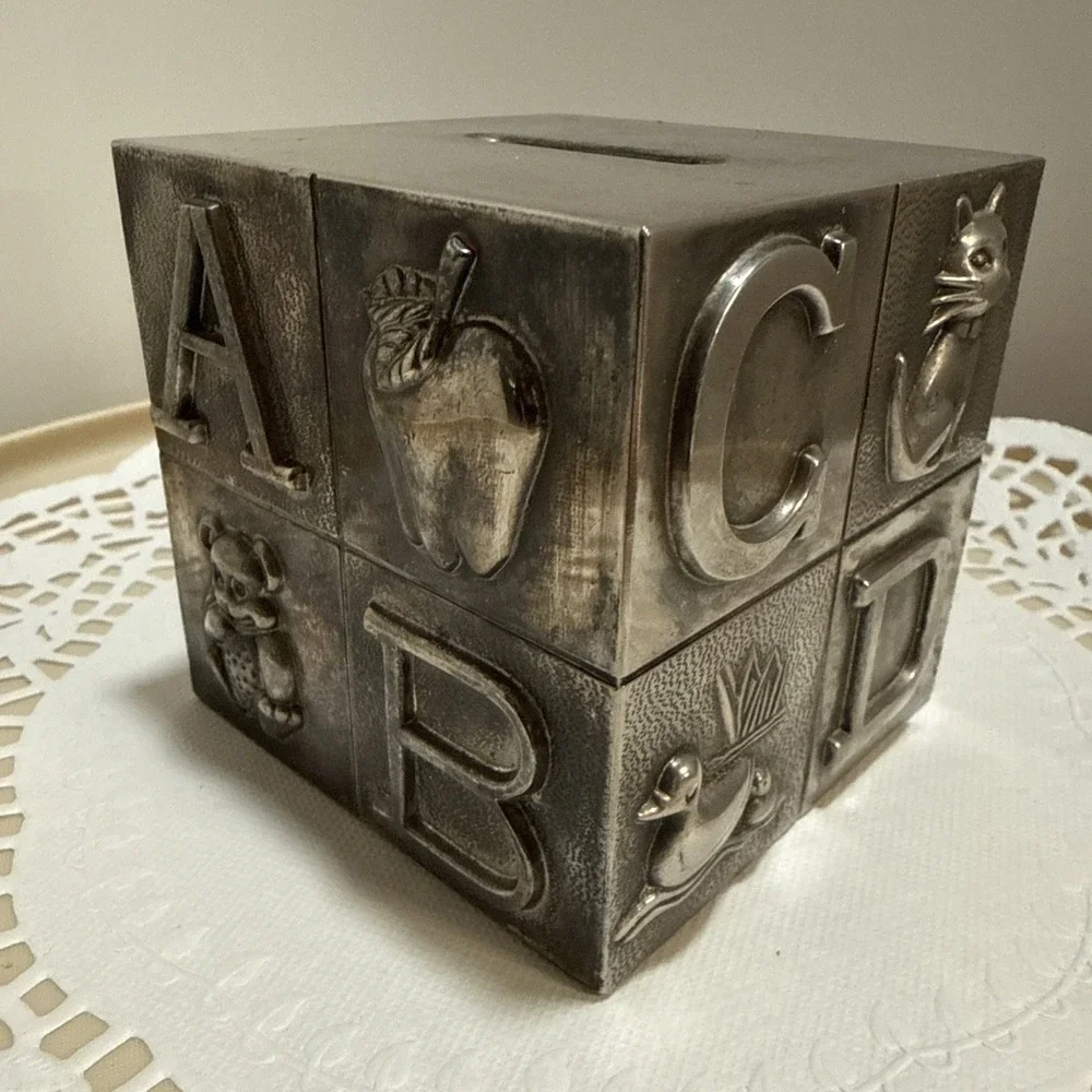 Godinger Silver ABC Block Piggy Bank Cube Nursery Baby Keepsake Metal‎